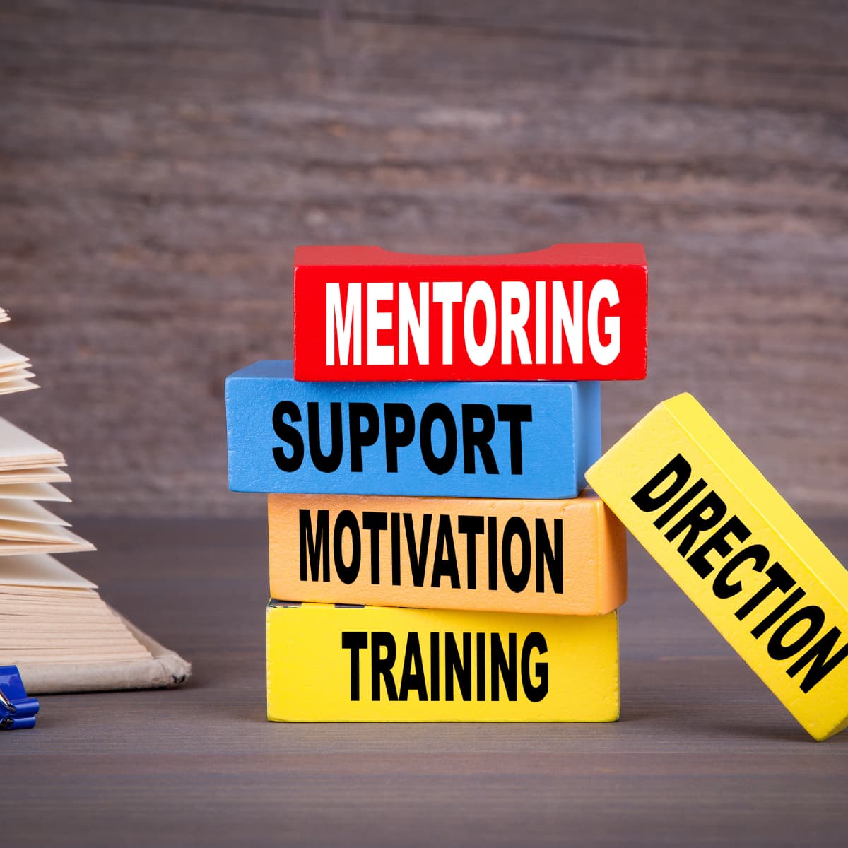 Coloured blocks reading Mentoring, Support, Motivation, Training — CRF Academy pillars