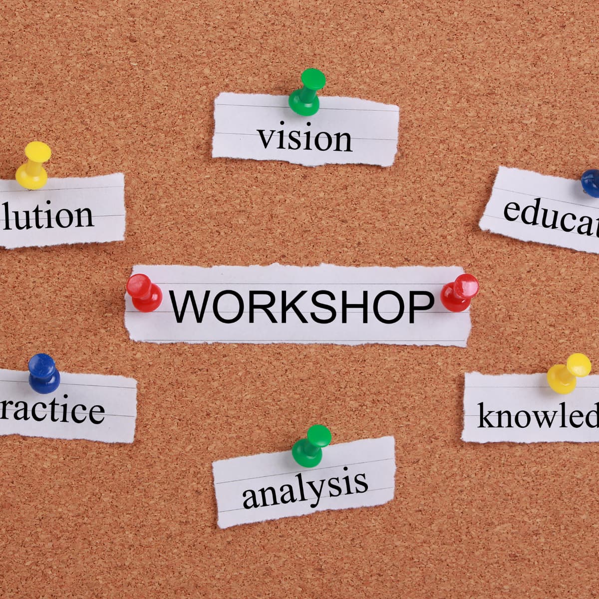 Cork board with Workshop and related words — CRF workshops and webinars
