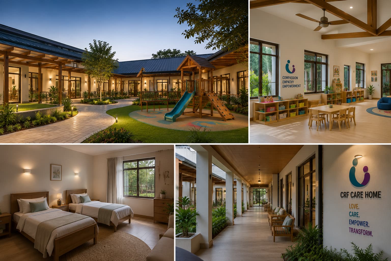CRF Care Home exterior at dusk — Love. Care. Empower. Transform.