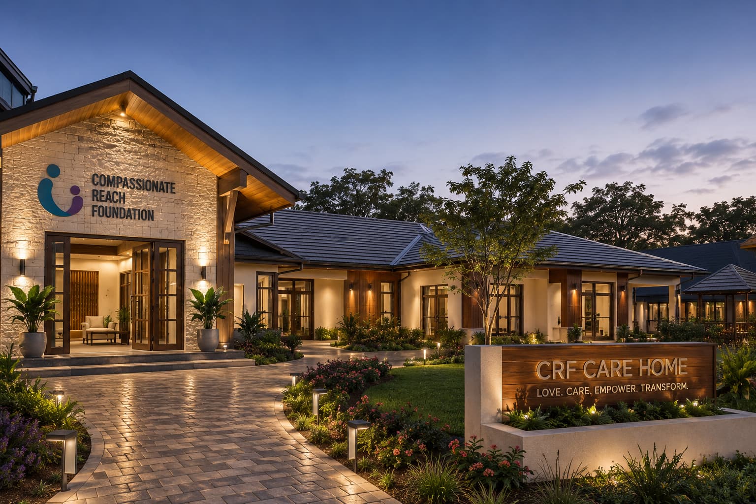 CRF Care Home exterior at dusk