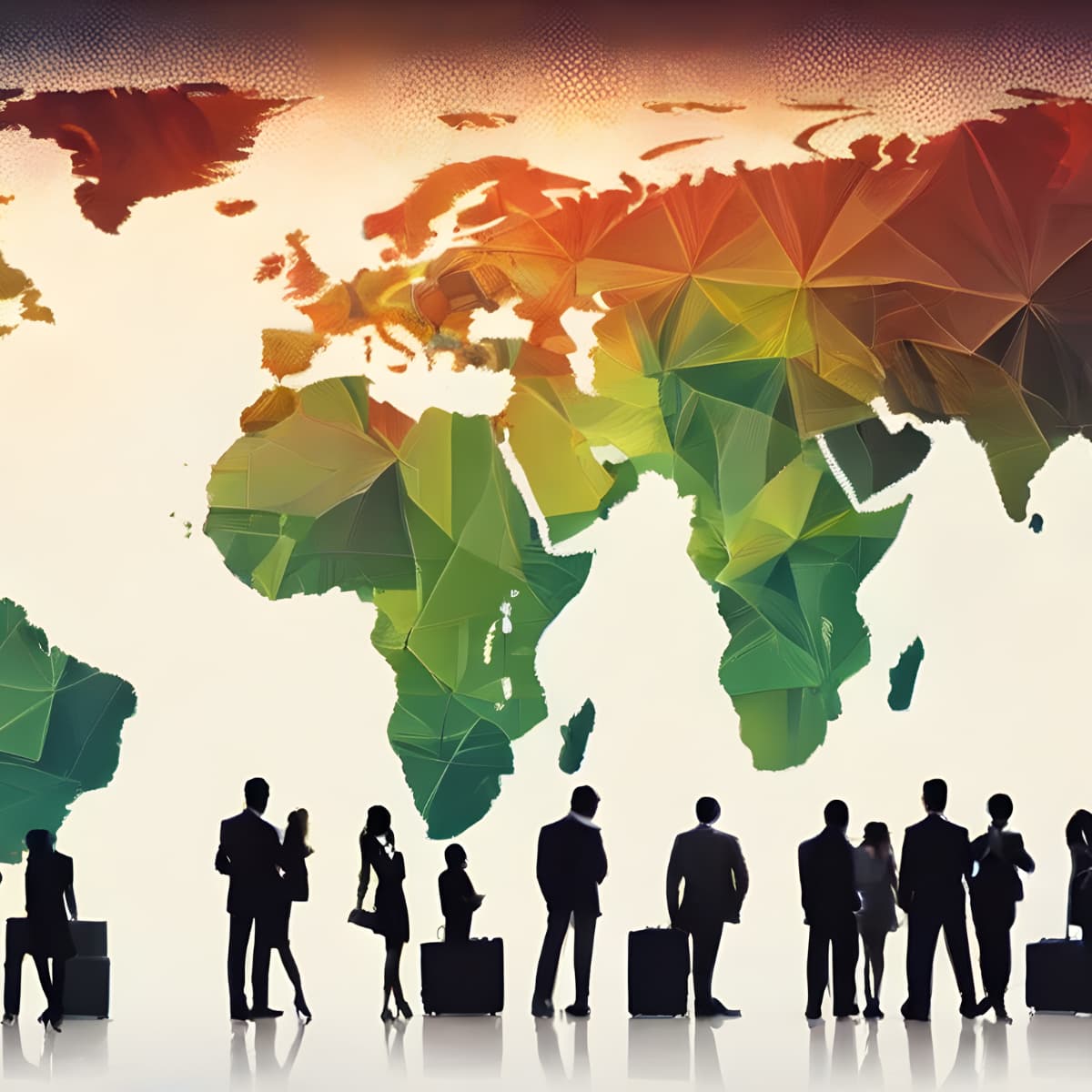 Business silhouettes against Africa world map — corporate partners reaching across the continent