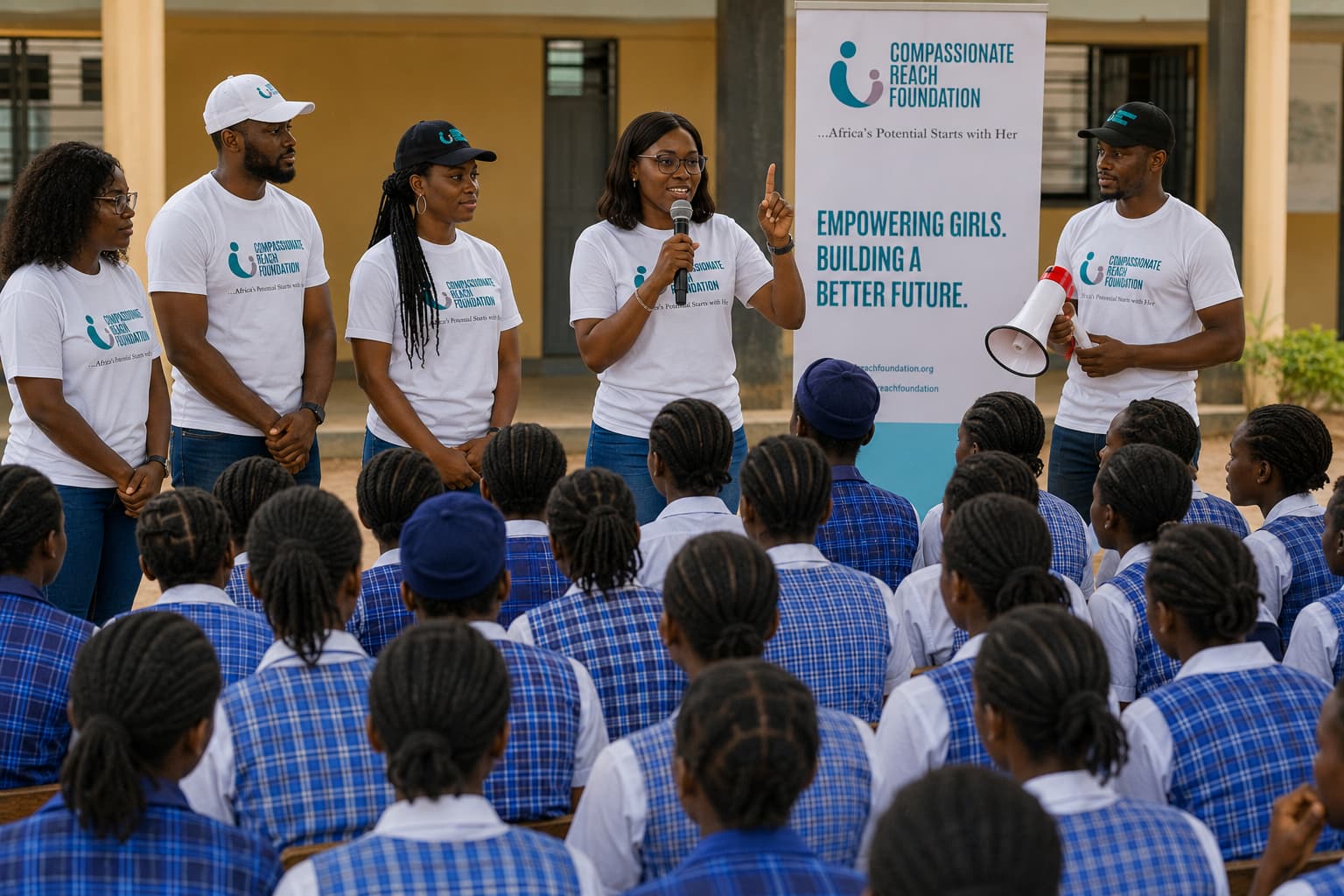 CRF team presenting at school — empowering girls, building a better future