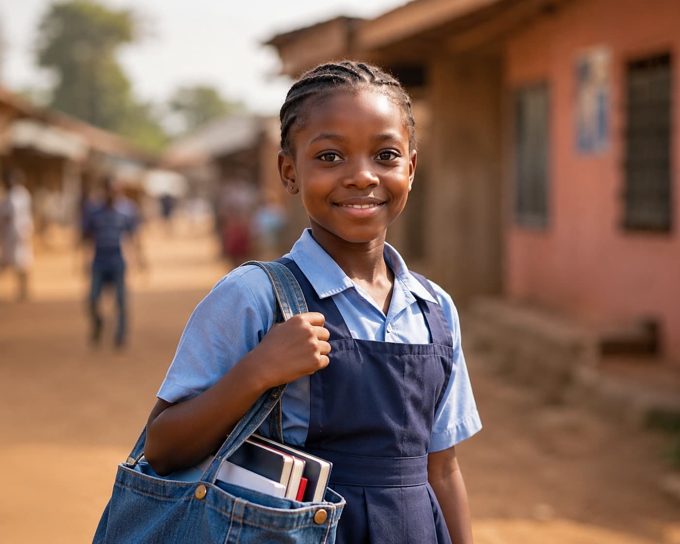 Girl in school uniform with bag — smiling, confident, ready to learn